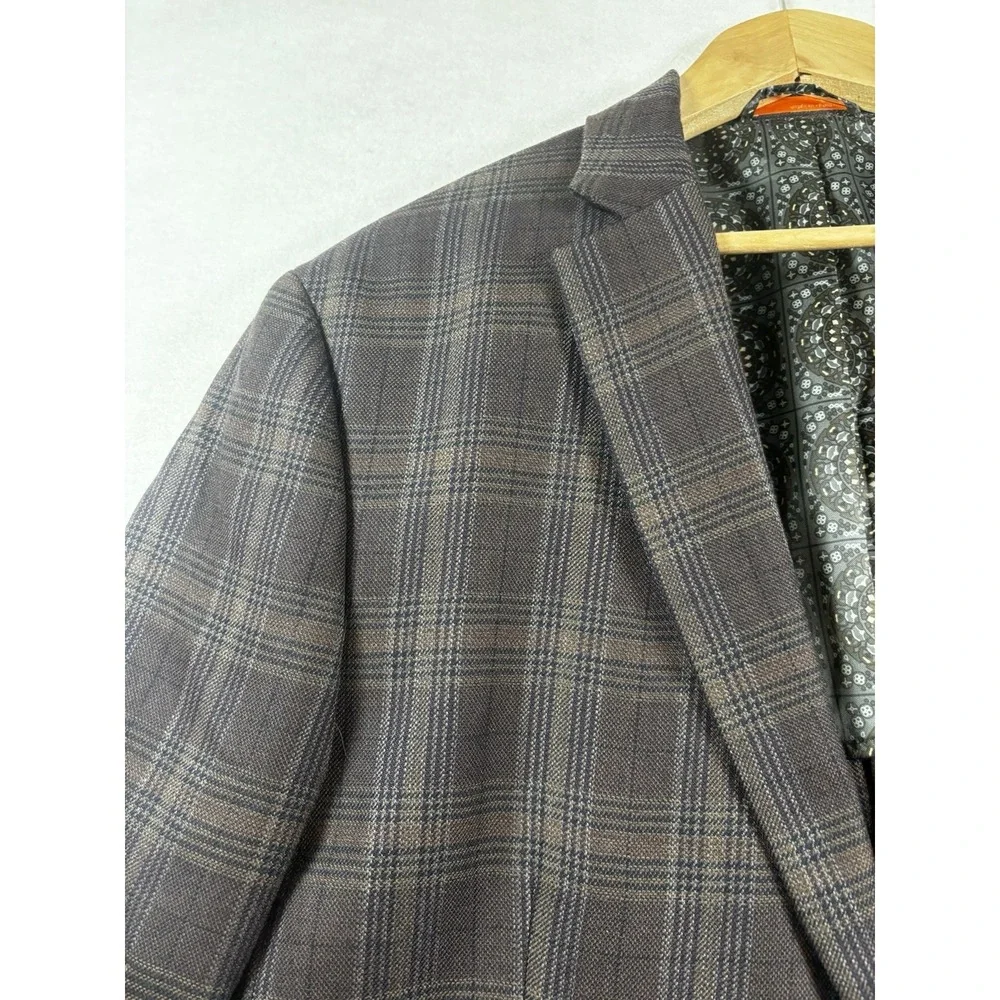 Tallia Mens 46R Plaid Sport Coat Wool Jacket  Brown 2 Button Notch Lapel - Picture 2 of 16